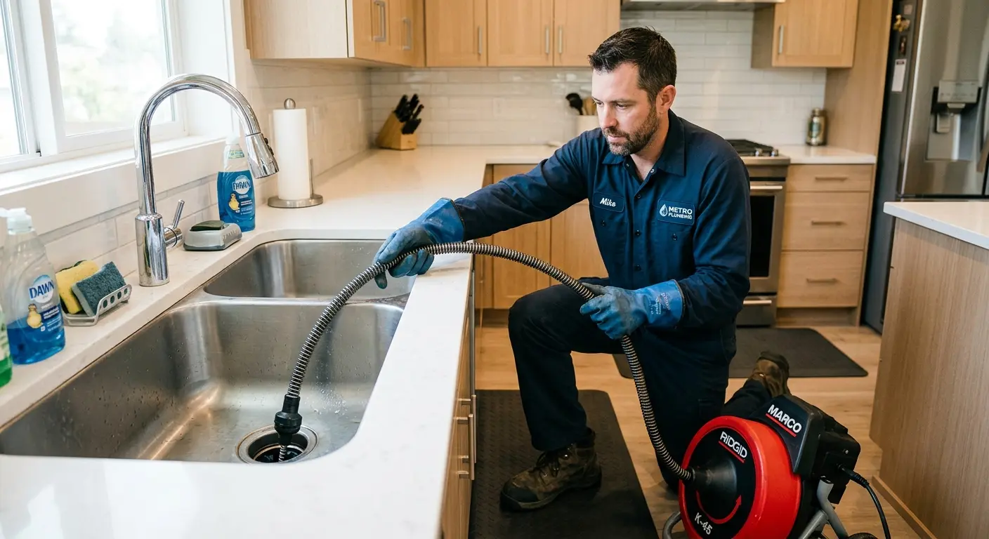 Drain cleaning technician using a motorized snake on a kitchen sink in Braddock