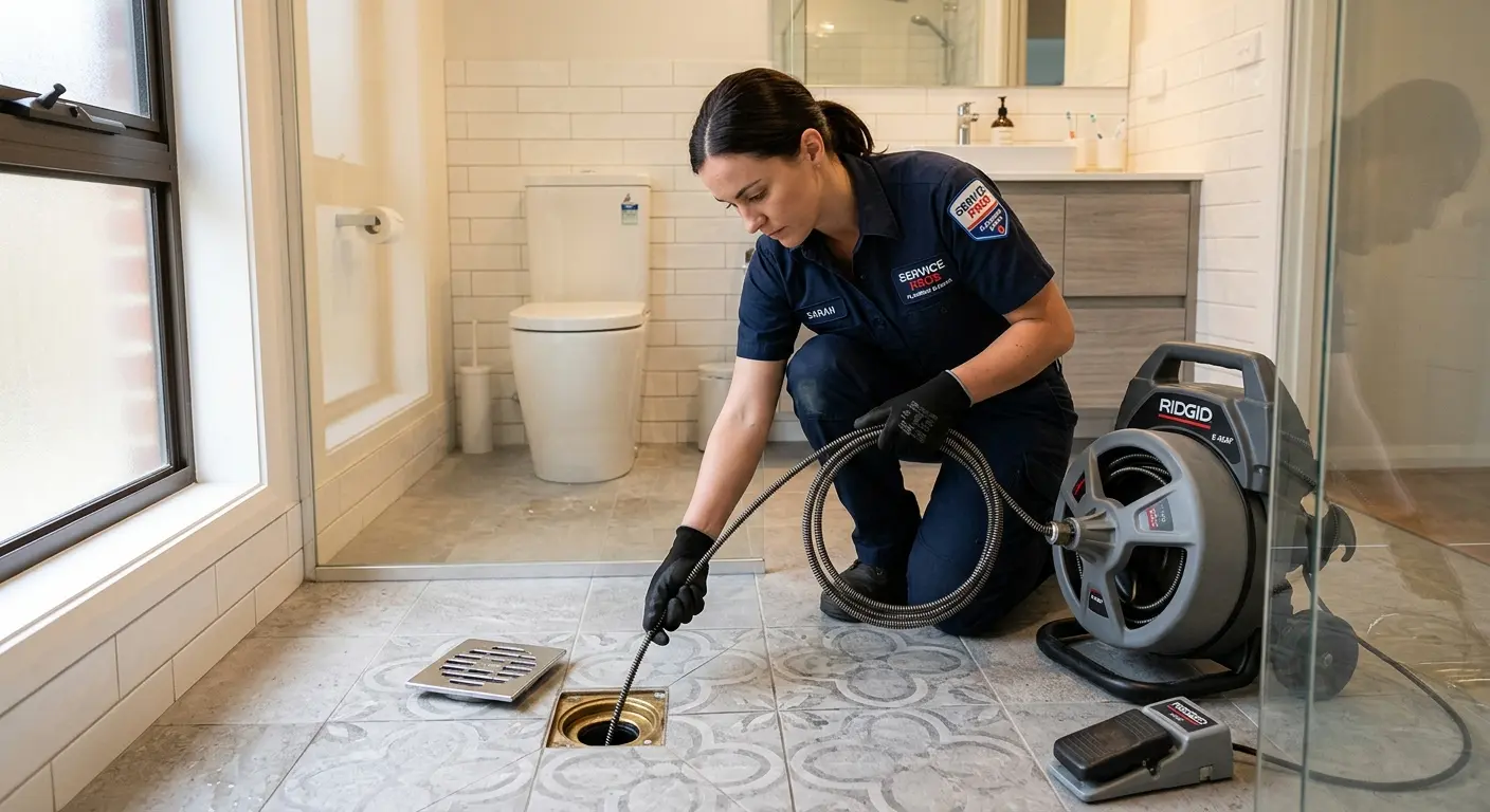 Technician clearing a bathroom floor drain for Sewer Line Installation in Braddock